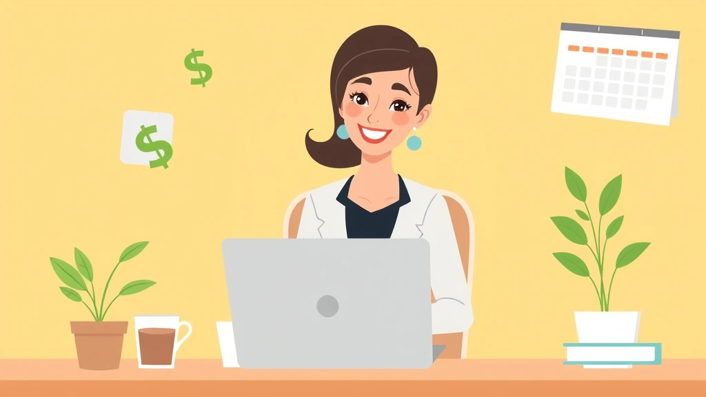 Cartoon professional woman sitting at desk with laptop, coffee cup, and plant, smiling confidently with dollar signs and calendar floating around representing flexibility and income