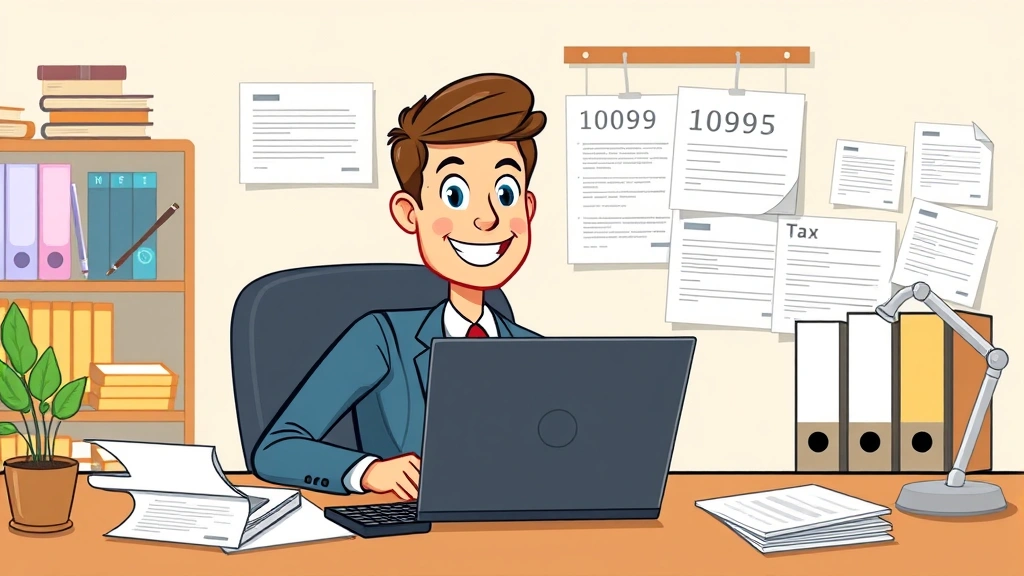 Cartoon professional sitting at desk with laptop, calculator, and tax forms, smiling confidently while managing 1099 finances and multiple project folders