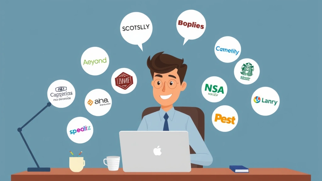 Cartoon professional sitting at desk with laptop, multiple client logos floating around, representing diverse 1099 contract work opportunities