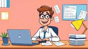Cartoon professional sitting at desk with laptop, calculator, and invoices scattered around, smiling confidently while managing finances, bright colors, no text
