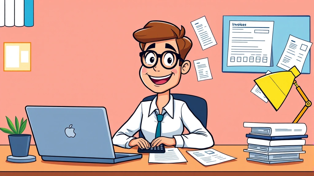 Cartoon professional sitting at desk with laptop, calculator, and invoices scattered around, smiling confidently while managing finances, bright colors, no text