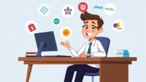 Cartoon professional sitting at desk with multiple client logos floating around, juggling income streams and project deadlines, vibrant colors, friendly expression