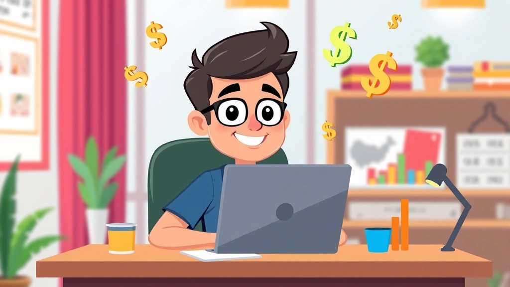 Cartoon freelancer sitting at desk with laptop, colorful charts and dollar signs floating around, happy expression, bright office background