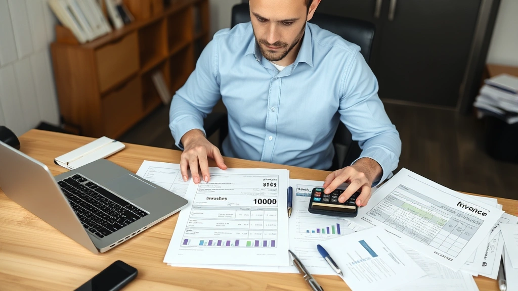 Professional contractor at desk with laptop, calculator, and financial documents, organizing invoices and tax forms with focused expression