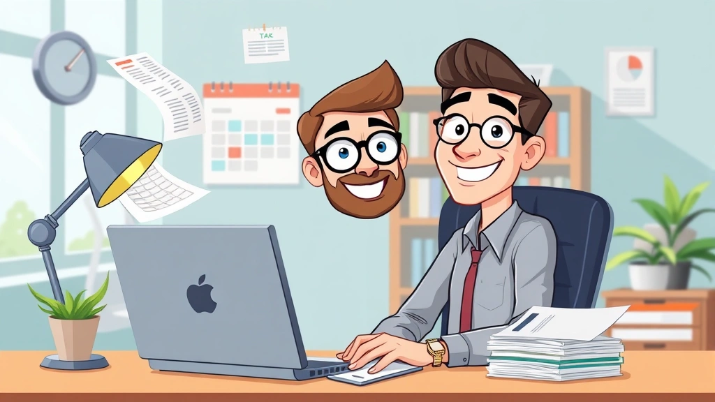 Cartoon professional contractor sitting at desk with laptop, calendar, and tax documents, smiling confidently while juggling multiple client projects, bright office workspace