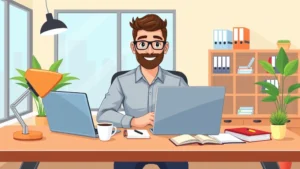 Professional contractor working at modern desk with laptop, coffee, and notebook, cartoon style, bright colors, confident expression, home office setting