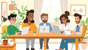 Cartoon illustration of diverse professionals working remotely on laptops at home desks with coffee cups, plants, and natural lighting showing independent contractor lifestyle