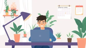 Cartoon illustration of a freelancer working at a laptop in a home office with plants, coffee cup, and calendar on the wall, showing flexibility and independence