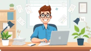 Cartoon freelancer sitting at desk with laptop, smiling, surrounded by floating documents and digital project icons, professional home office setting
