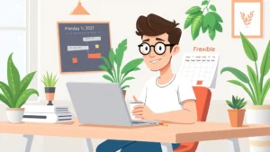 Cartoon freelancer sitting at desk with laptop, coffee mug, and calendar showing flexible work schedule, bright workspace with plants