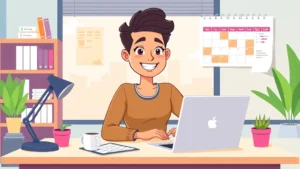 Cartoon illustration of a diverse freelancer at a modern desk with laptop, coffee cup, and calendar showing flexible work schedule. Bright colors, professional setting, happy expression.