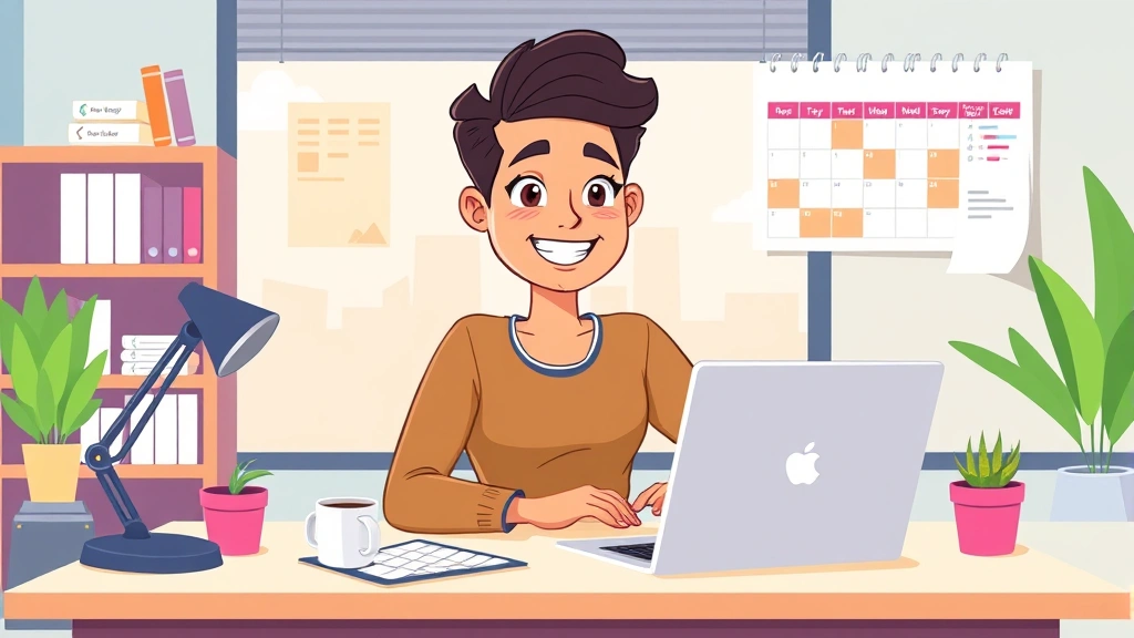 Cartoon illustration of a diverse freelancer at a modern desk with laptop, coffee cup, and calendar showing flexible work schedule. Bright colors, professional setting, happy expression.