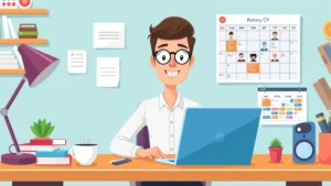 Cartoon professional freelancer at desk with laptop, multiple project folders, coffee cup, and calendar showing diverse clients - vibrant colors, modern workspace aesthetic