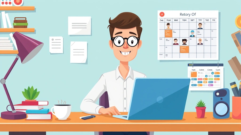 Cartoon professional freelancer at desk with laptop, multiple project folders, coffee cup, and calendar showing diverse clients - vibrant colors, modern workspace aesthetic