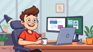 Cartoon freelancer sitting at desk with laptop, multiple screens showing different client projects, coffee cup, happy expression, modern home office environment, colorful and energetic style