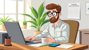 Cartoon professional contractor working independently at desk with laptop, coffee mug, and calendar showing flexible schedule options, bright office environment with plants and windows