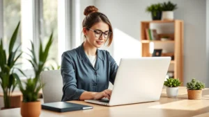 Professional woman working at laptop in modern home office with natural lighting, plants, and professional desk setup, focused and productive