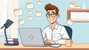 Cartoon freelancer sitting at desk with laptop, multiple project folders floating around, smiling confidently with coffee cup nearby, professional home office setting