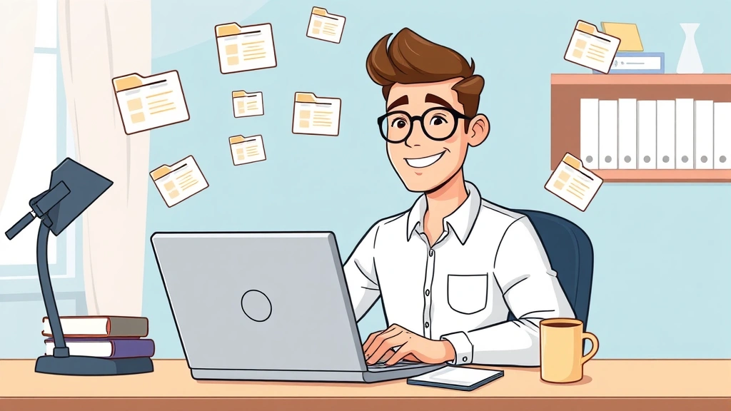 Cartoon freelancer sitting at desk with laptop, multiple project folders floating around, smiling confidently with coffee cup nearby, professional home office setting