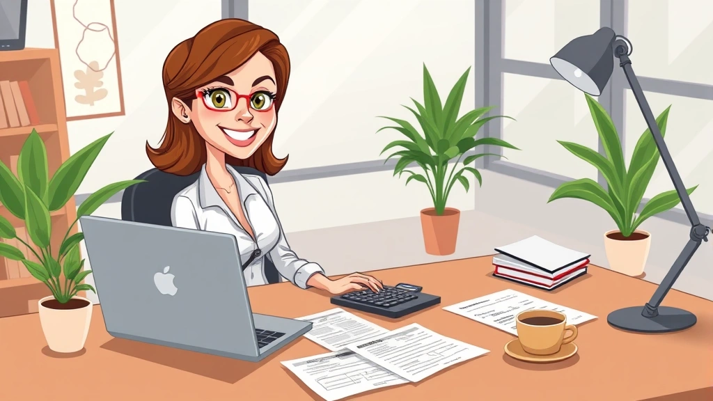Cartoon professional woman sitting at desk with laptop, calculator, and tax documents scattered around, smiling confidently, modern office setting with plants and coffee cup