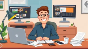Cartoon professional contractor sitting at home office desk with laptop, coffee cup, calculator, and documents spread around, smiling confidently with computer screens showing multiple client projects