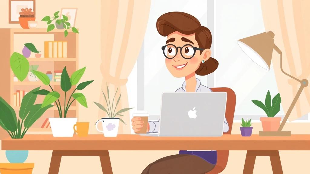 Cartoon illustration of a professional freelancer working at a home desk with laptop, coffee cup, and plants. Bright, modern workspace with relaxed but focused expression. Warm, welcoming colors.