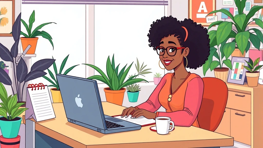Cartoon illustration of a diverse freelancer at a desk with laptop, notepad, coffee cup, and calendar; colorful home office setting with plants and professional atmosphere
