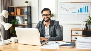 Professional contractor working at home office with laptop, coffee, and organized desk setup, smiling confidently with financial charts and documents visible