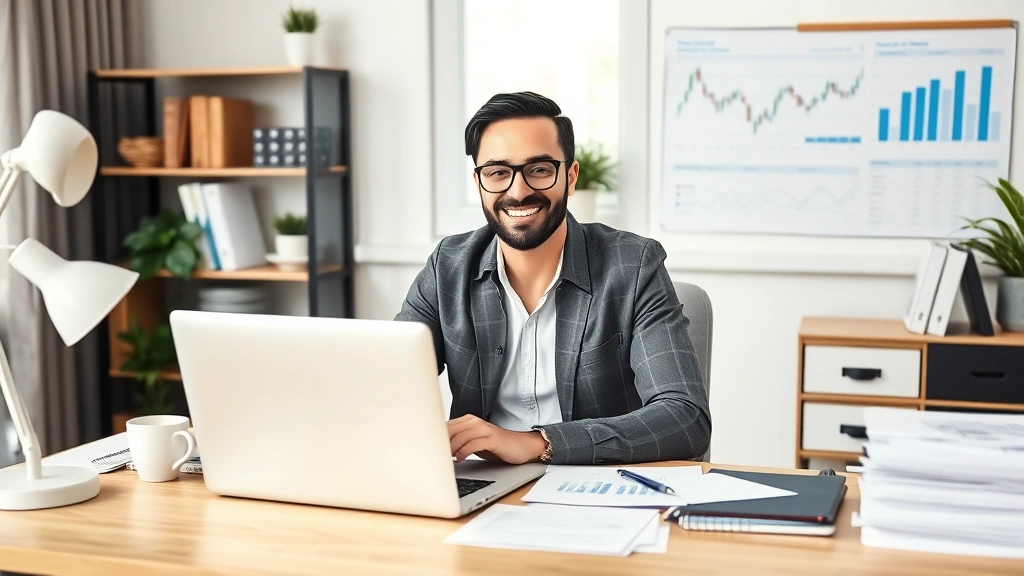 Professional contractor working at home office with laptop, coffee, and organized desk setup, smiling confidently with financial charts and documents visible