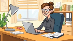 Cartoon illustration of a professional freelancer working at a home office desk with laptop, calculator, and tax documents, smiling confidently with organized workspace visible