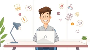 Professional freelancer sitting at modern desk with laptop, smiling confidently, surrounded by floating icons representing different industries like technology, finance, and design, cartoon style illustration