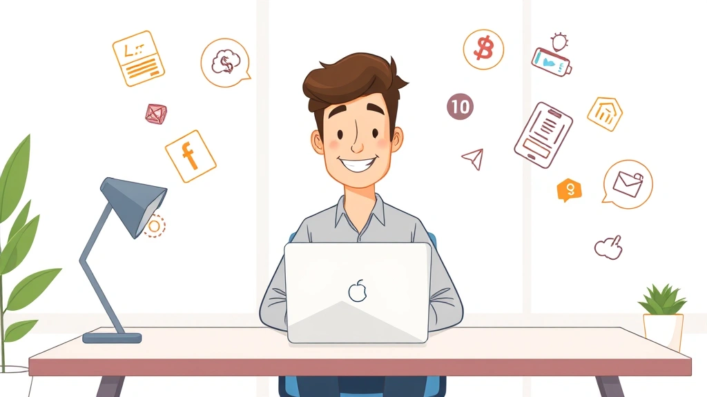 Professional freelancer sitting at modern desk with laptop, smiling confidently, surrounded by floating icons representing different industries like technology, finance, and design, cartoon style illustration