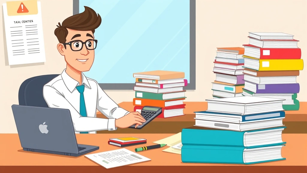 Cartoon-style illustration of a freelancer at a desk with laptop, calculator, and organized tax documents in neat stacks, showing confident professional working on quarterly estimated taxes with color-coded folders visible