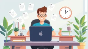 Cartoon illustration of a freelancer sitting at desk with laptop, multiple project files floating around, clock showing flexible time, bright and organized workspace with plants