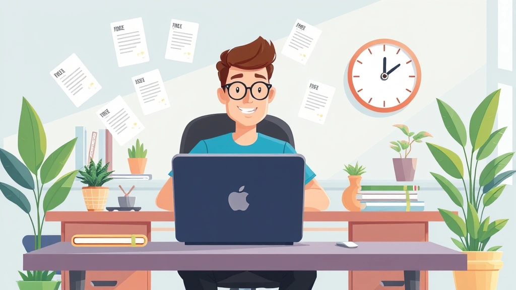 Cartoon illustration of a freelancer sitting at desk with laptop, multiple project files floating around, clock showing flexible time, bright and organized workspace with plants