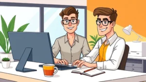 Professional freelancer working at modern desk with laptop, coffee cup, and notebook, bright home office, cartoon style, confident expression