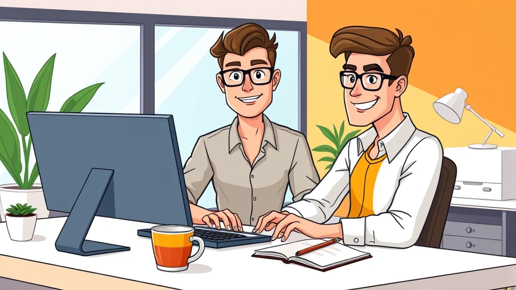 Professional freelancer working at modern desk with laptop, coffee cup, and notebook, bright home office, cartoon style, confident expression