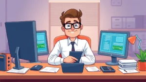 Cartoon illustration of a professional contractor sitting at a desk with multiple computer screens, papers, and calculator, showing independence and business ownership, bright colors, modern workspace