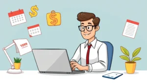 Cartoon professional freelancer working at laptop with floating dollar signs, calendar, and contract icons representing 1099 independent contractor work setup