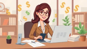 Cartoon professional woman sitting at desk with laptop and calculator, surrounded by floating dollar signs and tax documents, modern office setting with warm lighting, confident expression analyzing financial data
