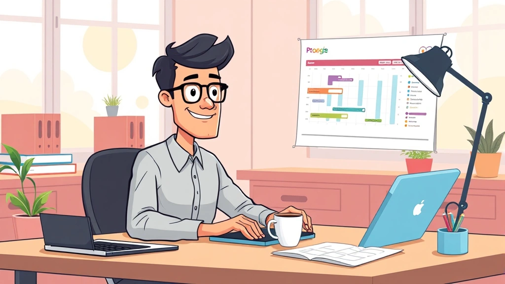 Cartoon professional freelancer working at laptop with coffee cup, calendar, and project timeline on desk, sunny home office background
