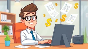 Cartoon professional sitting at desk with laptop, dollar signs and contract documents floating around, bright colors, modern office setting, confident expression