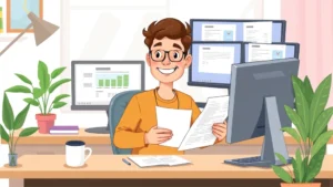 A freelancer sitting at a home desk with multiple computer monitors, smiling while reviewing financial documents and invoices, surrounded by coffee cup and plants, cartoon style illustration
