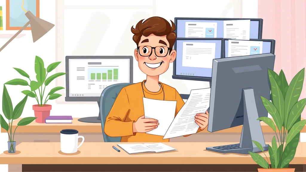 A freelancer sitting at a home desk with multiple computer monitors, smiling while reviewing financial documents and invoices, surrounded by coffee cup and plants, cartoon style illustration