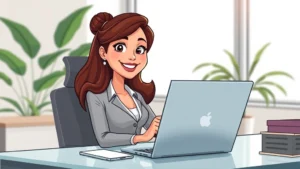 Cartoon professional woman sitting at modern desk with laptop, smiling confidently while holding contract document, bright office background with plant