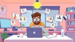 Cartoon professional freelancer sitting at desk with laptop, multiple floating screens showing different clients, lightbulb above head, coffee cup nearby, bright colorful workspace