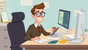Cartoon professional working at desk with multiple computer screens, papers, and calculator, showing independent contractor lifestyle with relaxed expression and home office setup