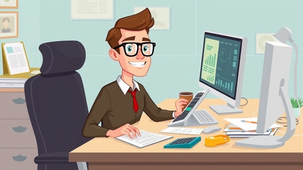 Cartoon professional working at desk with multiple computer screens, papers, and calculator, showing independent contractor lifestyle with relaxed expression and home office setup