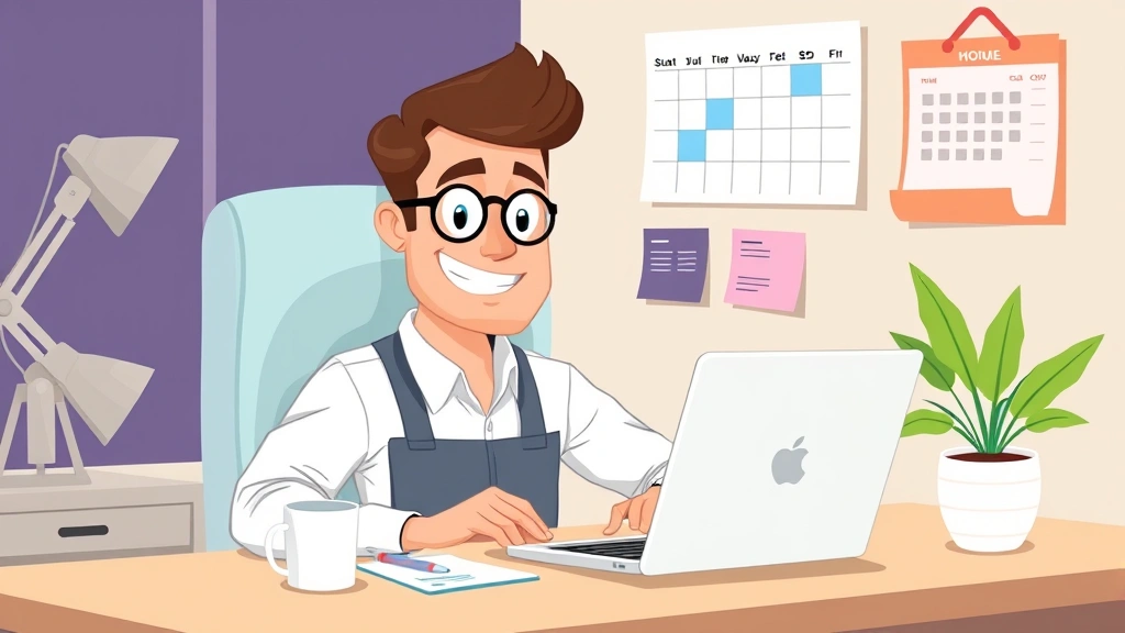 Cartoon professional contractor working at home office with laptop, coffee cup, and calendar on wall showing flexible schedule management