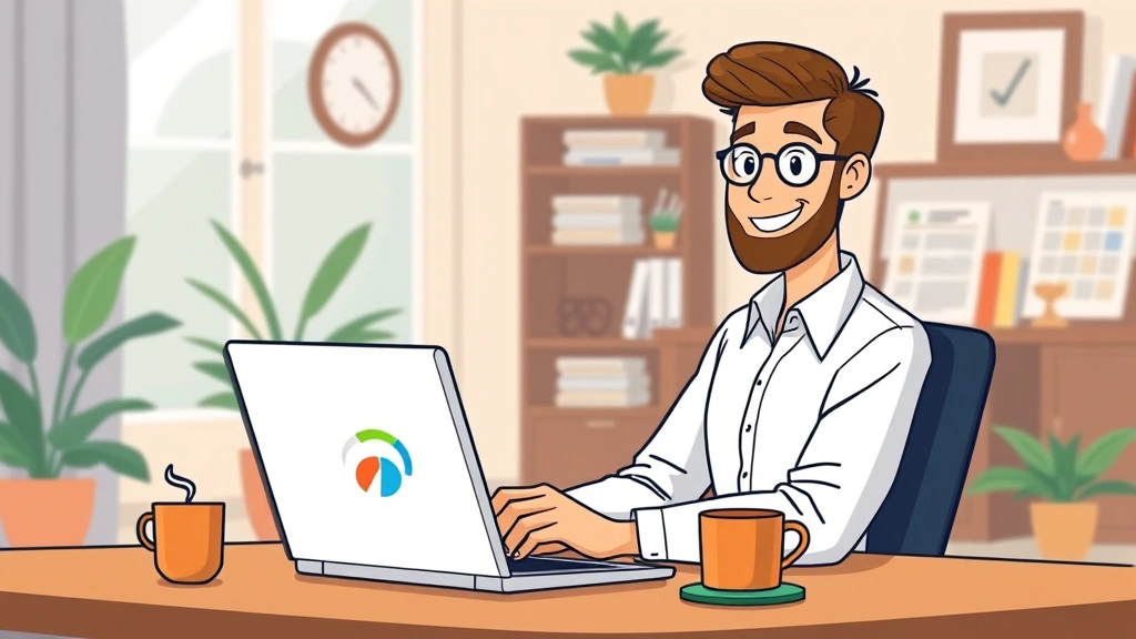 Cartoon professional working remotely on laptop with flexible schedule indicator, coffee cup and calendar on desk, warm home office setting, smiling contractor managing multiple projects